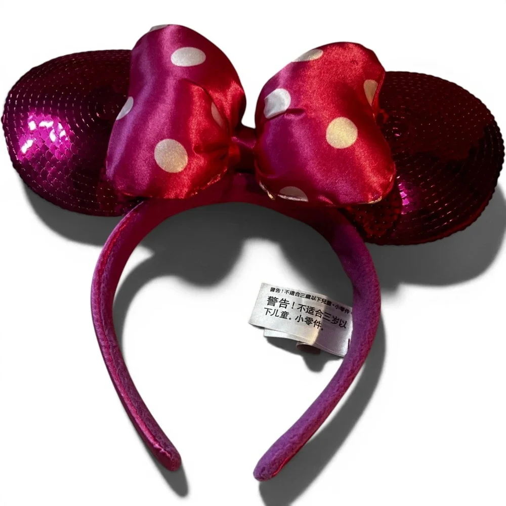 Disney Parks Minnie Mouse Headband Magenta Sequin Polka Dot Bow Ears